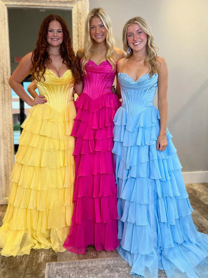 Sweet A Line Sweetheart Floral Printed Chiffon Tiered Prom Dresses with Slit