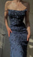 Dark Blue Floral Mermaid Bodycon Long Prom Dress