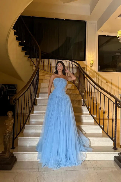 Dreamy Blue Strapless Sleeveless Tulle Prom Dress A-Line Long With Beads Pleats