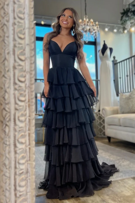 Elegant A-Line V Neck Spaghetti Straps Sleeveless Pleated Chiffon Tiered Prom Party Dress High Side Slit and Train Evening Formal Gown