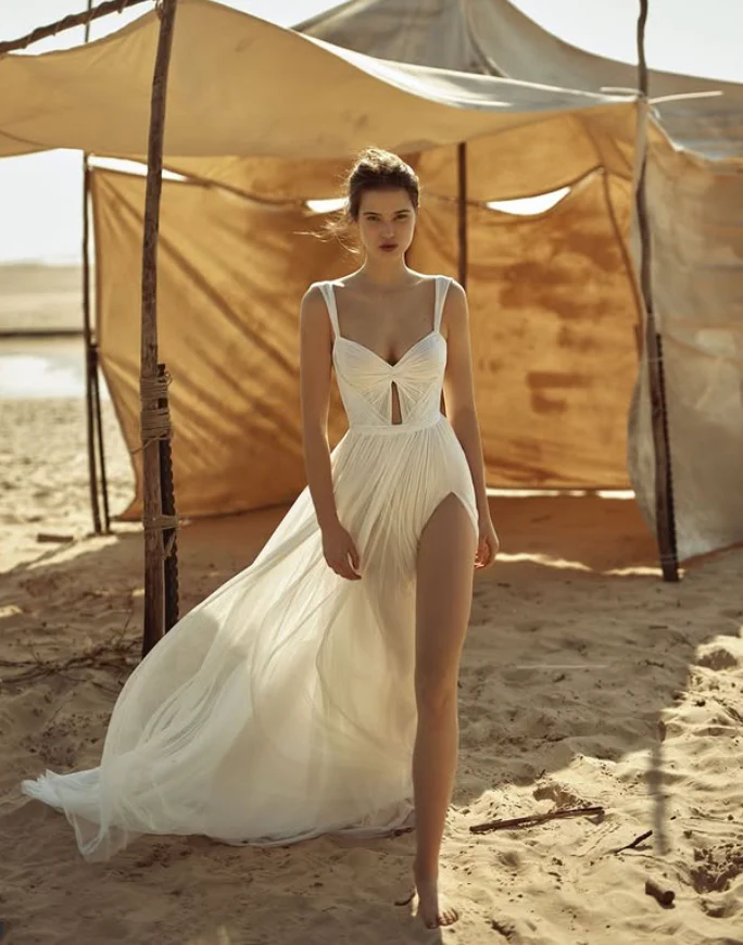 Elegant A Line Spaghetti Strap White Tulle Prom Dress Wedding Dress with Slit