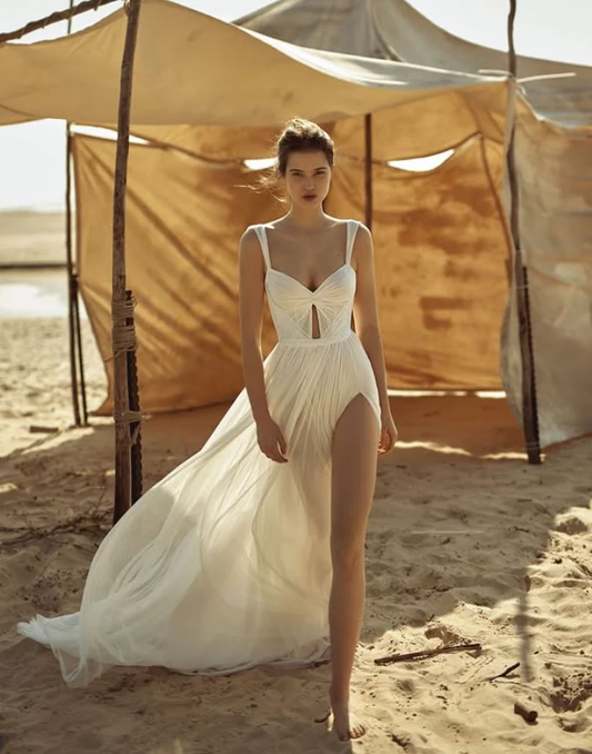 Elegant A Line Spaghetti Strap White Tulle Prom Dress Wedding Dress with Slit