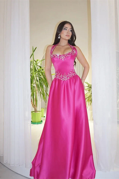 Elegant Fuchsia Halter Sleeveless Satin Prom Dress A-Line Long With Gem