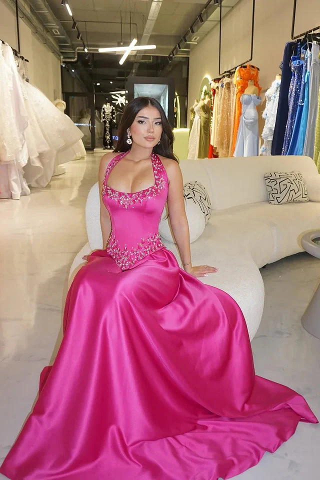 Elegant Fuchsia Halter Sleeveless Satin Prom Dress A-Line Long With Gem