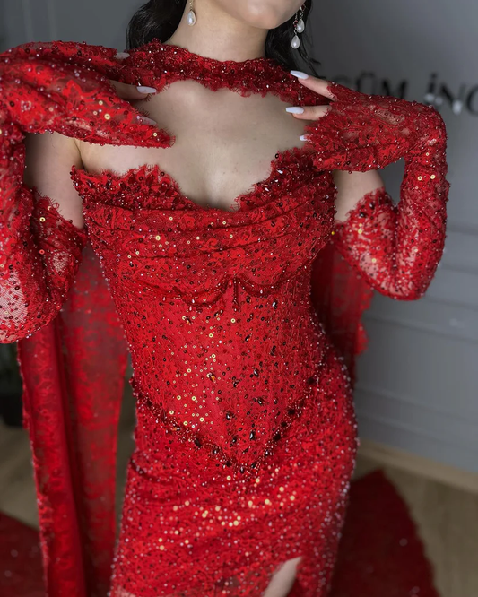 Elegant Lace Shawl Floor-Length Detachable Long Sleeve Mermaid Prom Dress