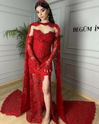 Elegant Lace Shawl Floor-Length Detachable Long Sleeve Mermaid Prom Dress