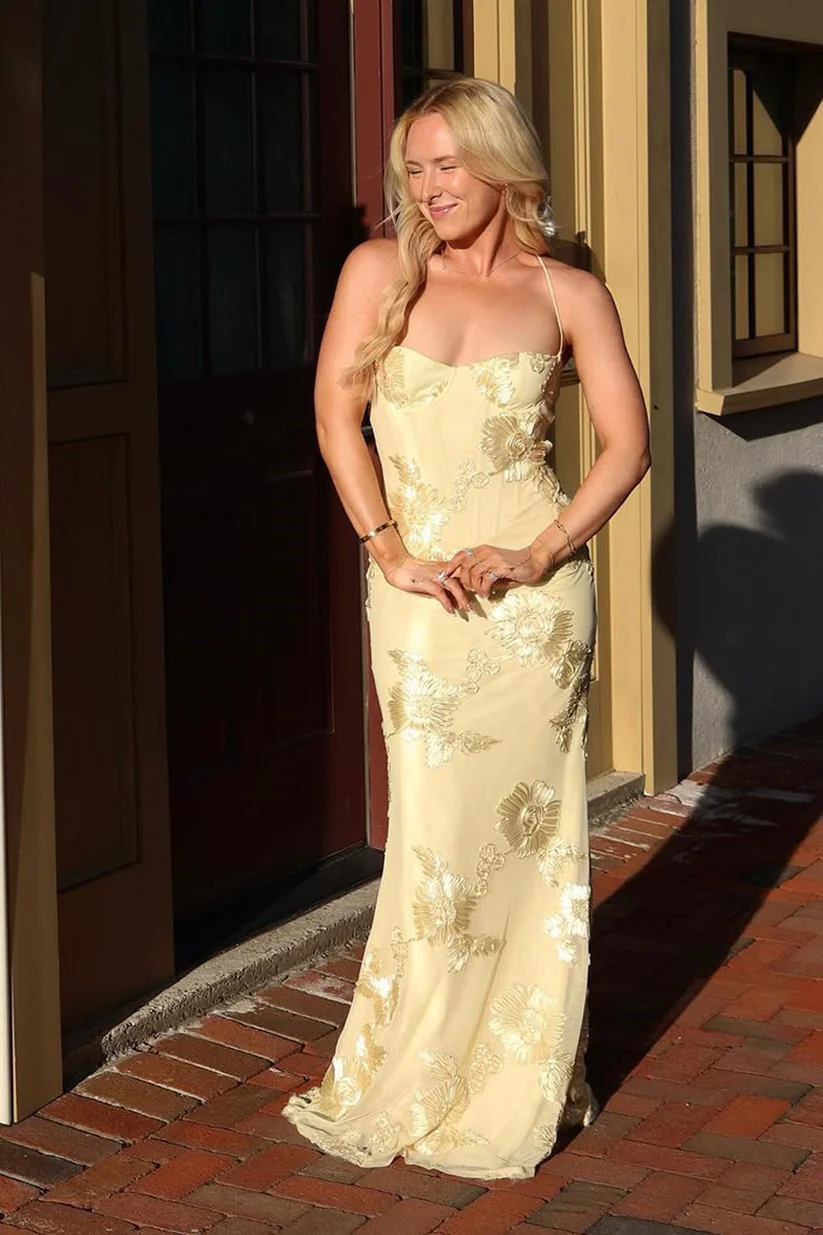 Elegant Mermaid Floral Embroidered Lace Up Yellow Prom Dress