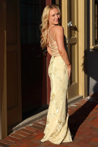 Elegant Mermaid Floral Embroidered Lace Up Yellow Prom Dress