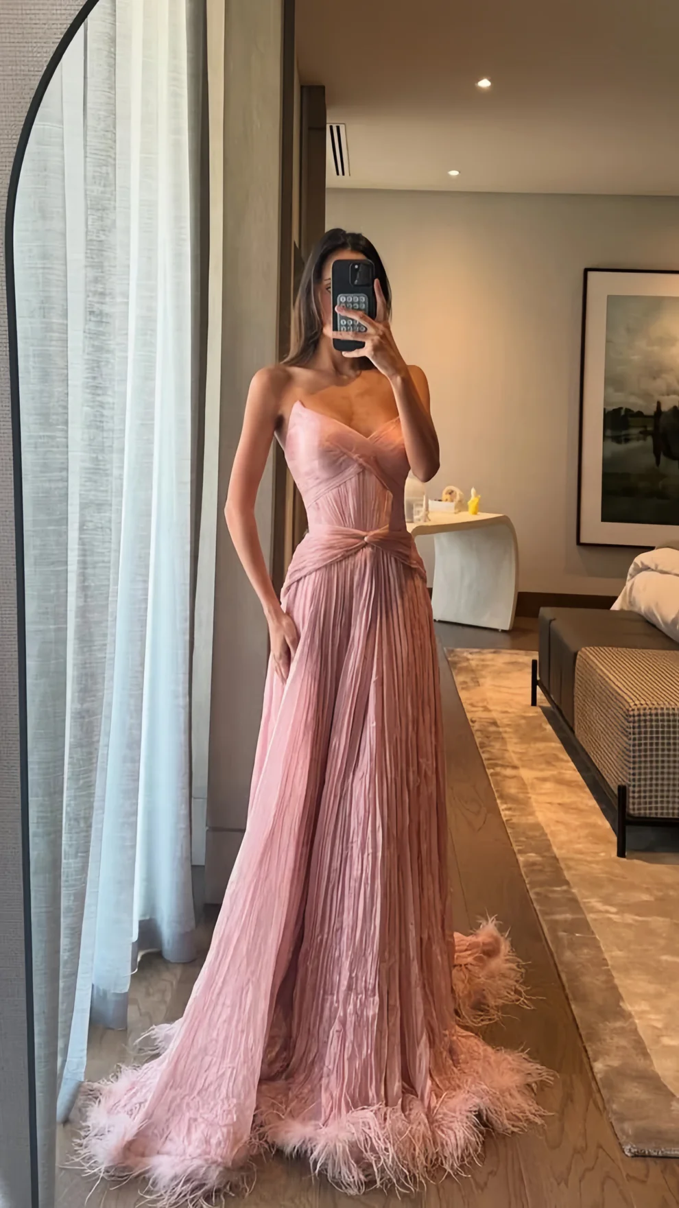 Elegant Pink A-line Prom Dresses Feather Pleated Evening Party Dress