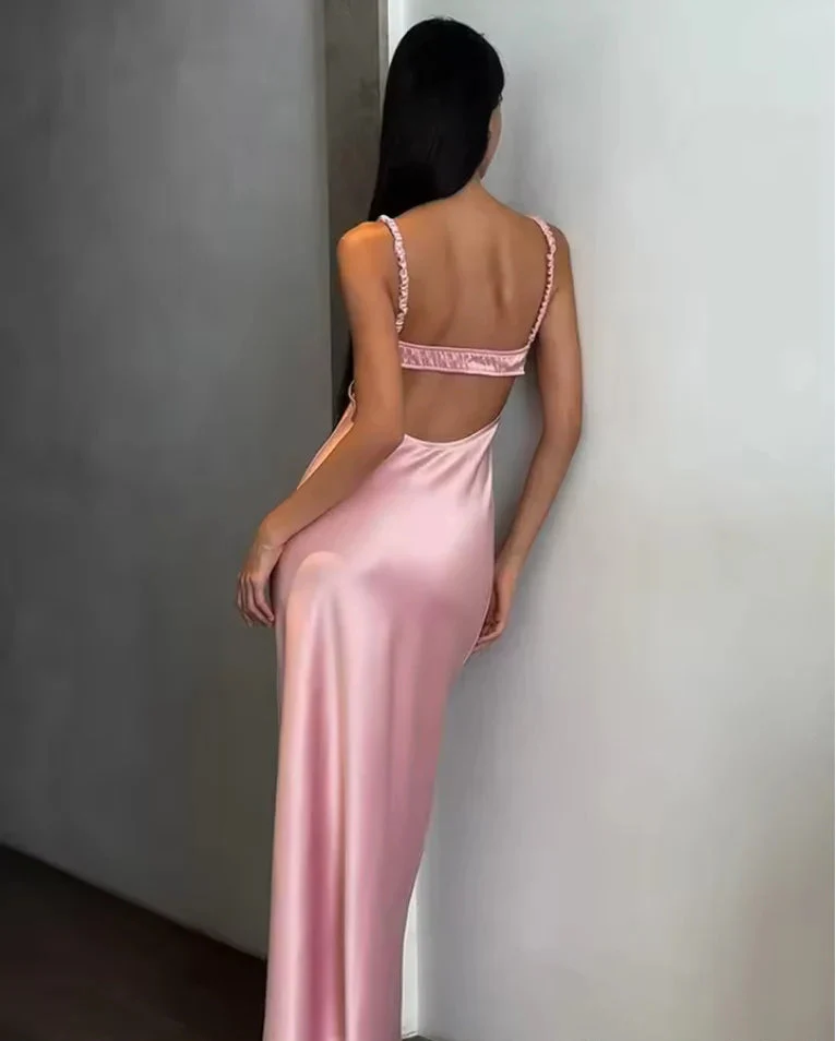 Elegant Pink Spaghetti Strap Backless Mermaid Long Prom Dress
