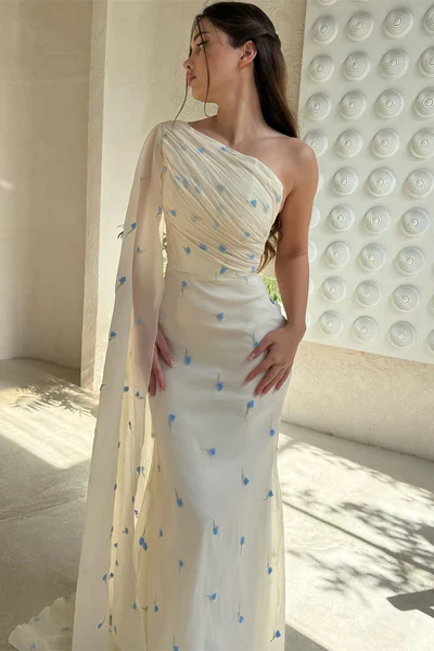 Elegant Pretty Asymmetrical One Shoulder Chiffon Mermaid Prom Dresses Column With Ruffle