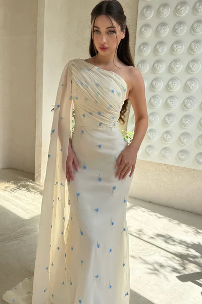 Elegant Pretty Asymmetrical One Shoulder Chiffon Mermaid Prom Dresses Column With Ruffle