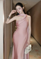 Elegant Sheath One Shoulder Pink Satin Long Prom Dress Party Dress