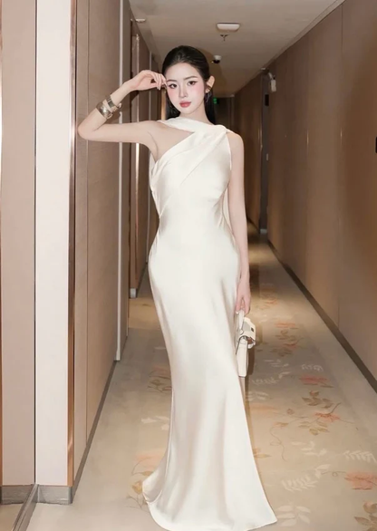 Elegant Sheath One Shoulder Pink Satin Long Prom Dress Party Dress