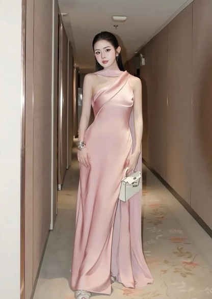 Elegant Sheath One Shoulder Pink Satin Long Prom Dress Party Dress