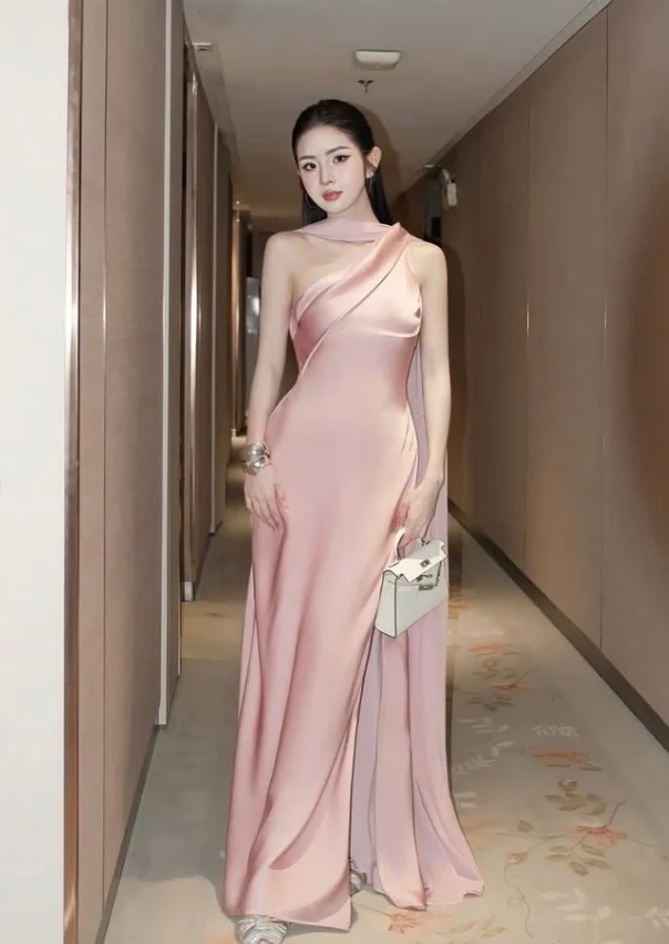 Elegant Sheath One Shoulder Pink Satin Long Prom Dress Party Dress
