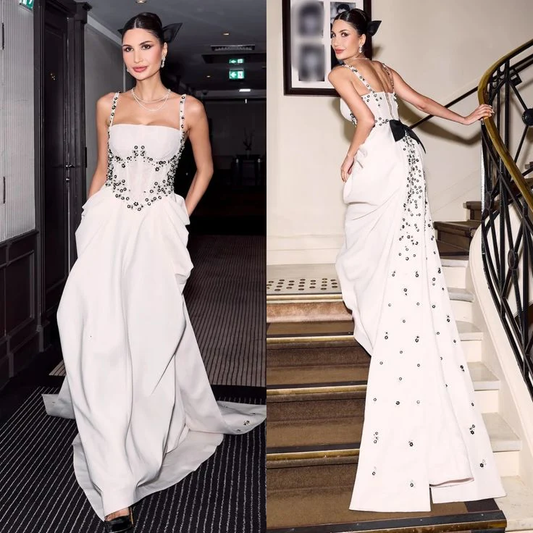 Elegant Spaghetti Straps White Satin Beaded Mermaid Long Party Dress Formal Prom Gown