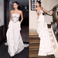 Elegant Spaghetti Straps White Satin Beaded Mermaid Long Party Dress Formal Prom Gown