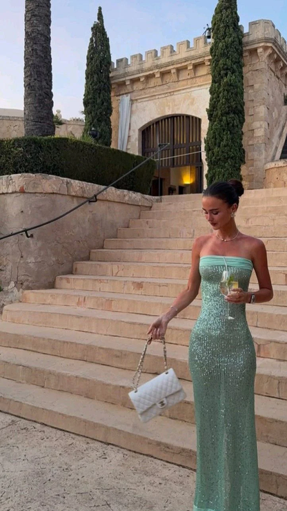 Elegant Strapless Green Sequin Mermaid Evening Dress Long Prom Gown