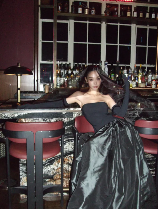 Elegant Strapless Sheath Black Long Prom Dresses Satin Black Formal Dresses