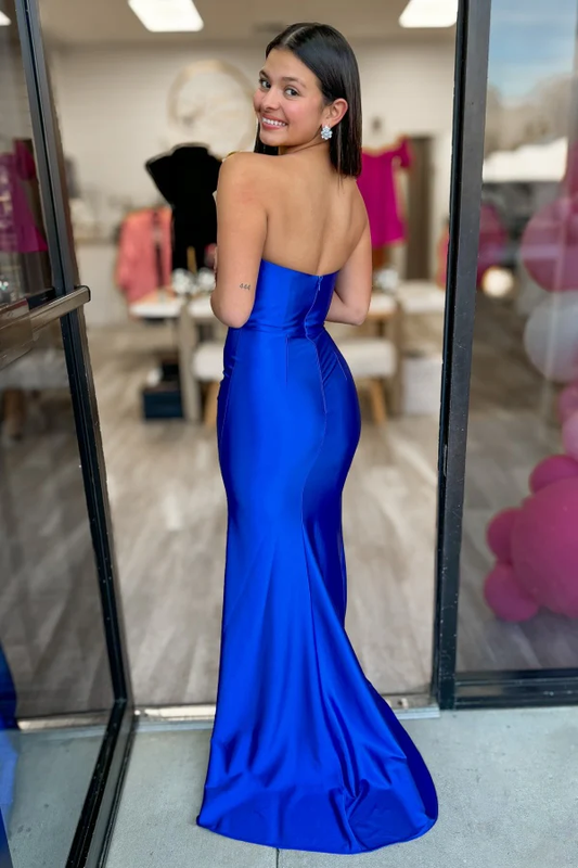 Elegant Strapless Sleeveless Pleated Prom Party Dress High Side Slit and Train Open Back Evening Gown Cocktail Dress Bridesmaid Dress
