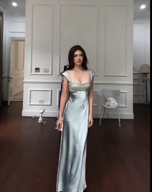 Elegant Straps Sheath Soft Green Long Prom Dresses Satin Soft Green Birthday Dresses