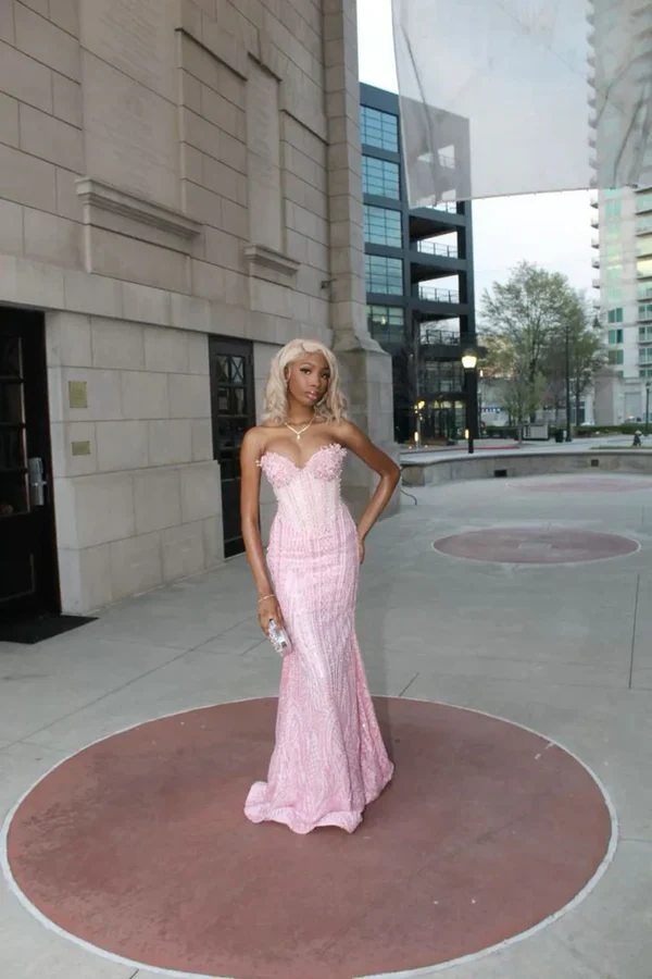 Elegant Sweetheart Mermaid Pink Long Prom Dresses Beaded Pink Formal Dresses