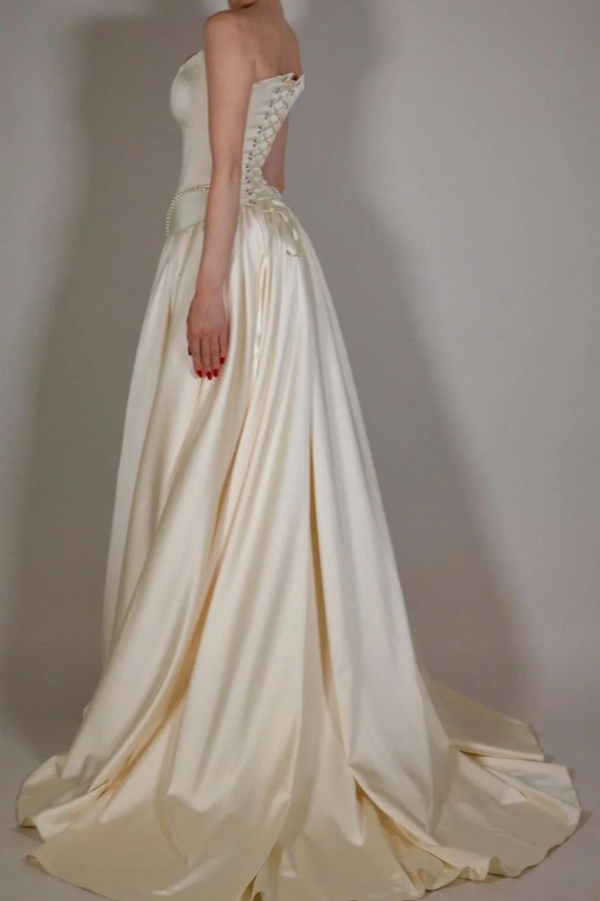 Exquisite Satin Ivory Sleeveless Strapless Long Pleated Prom Dress with Beadings