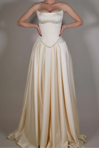 Exquisite Satin Ivory Sleeveless Strapless Long Pleated Prom Dress with Beadings