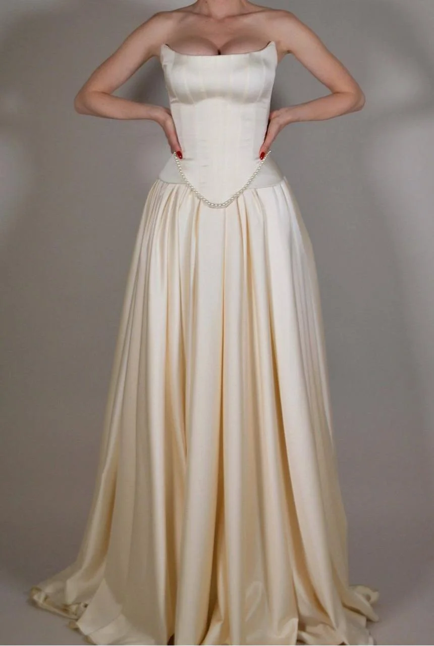 Exquisite Satin Ivory Sleeveless Strapless Long Pleated Prom Dress with Beadings