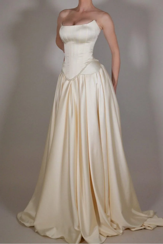 Exquisite Satin Ivory Sleeveless Strapless Long Pleated Prom Dress with Beadings