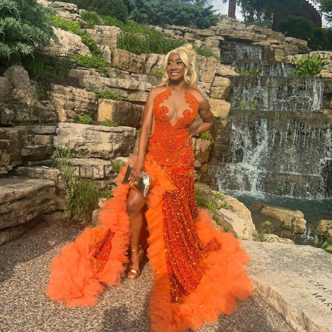 Robe de bal sirène orange et solitaire, robe de soirée personnalisée
