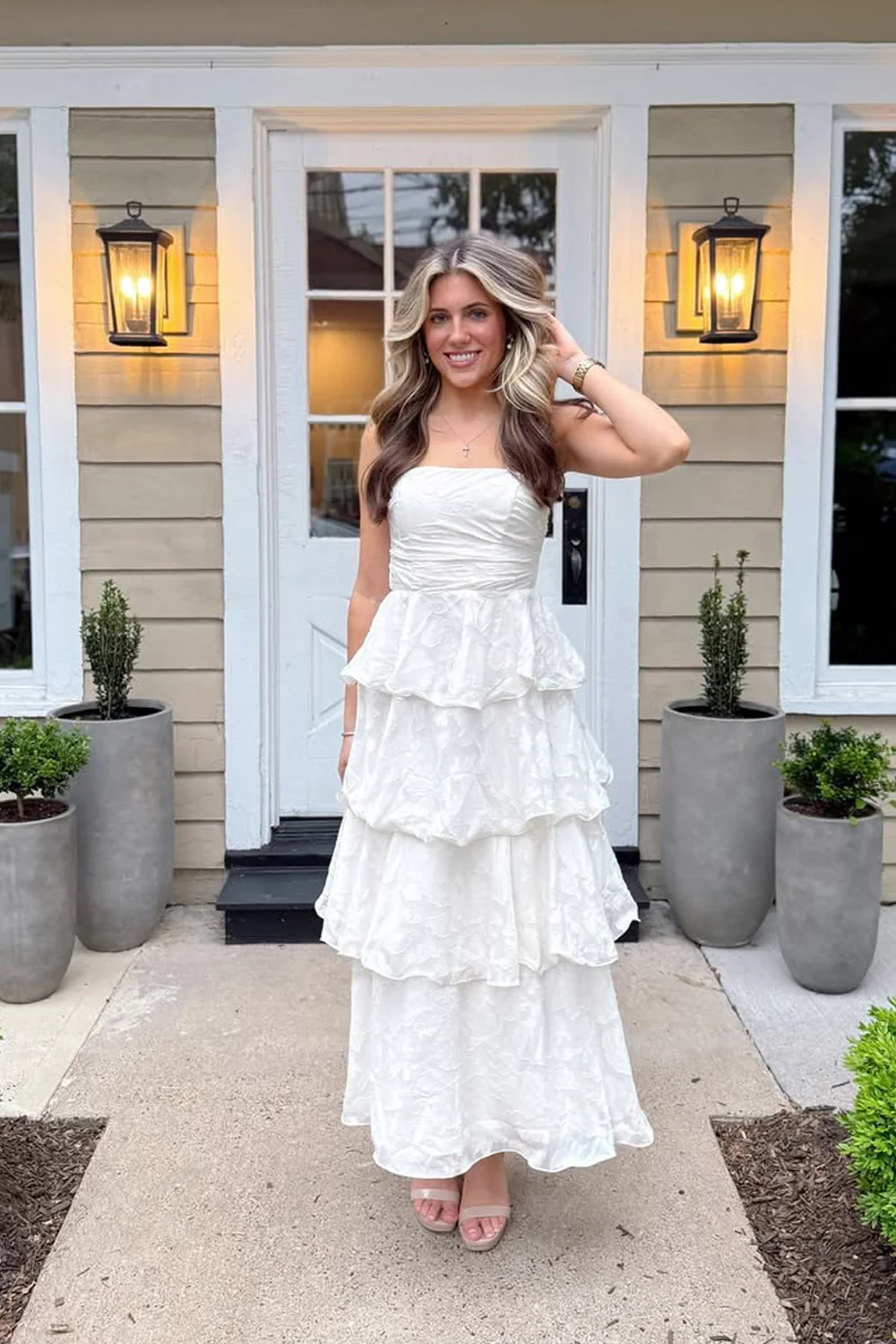 Fairy Sheath Strapless Tiered Long Prom Dress