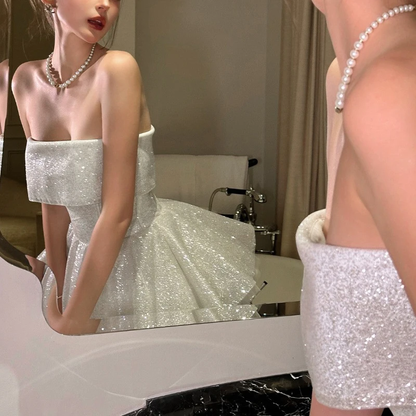 Fashion Backless Slim Evening Dress Sexy Strapless Sleeveless Bodycon Mini Dresses Elegant Glitter Hight Waist Solid Party Dress