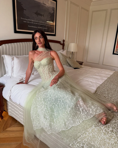 Fashion Tulle Green One Shoulder A-Line Lace Prom Dress