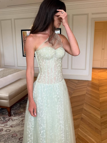 Fashion Tulle Green One Shoulder A-Line Lace Prom Dress