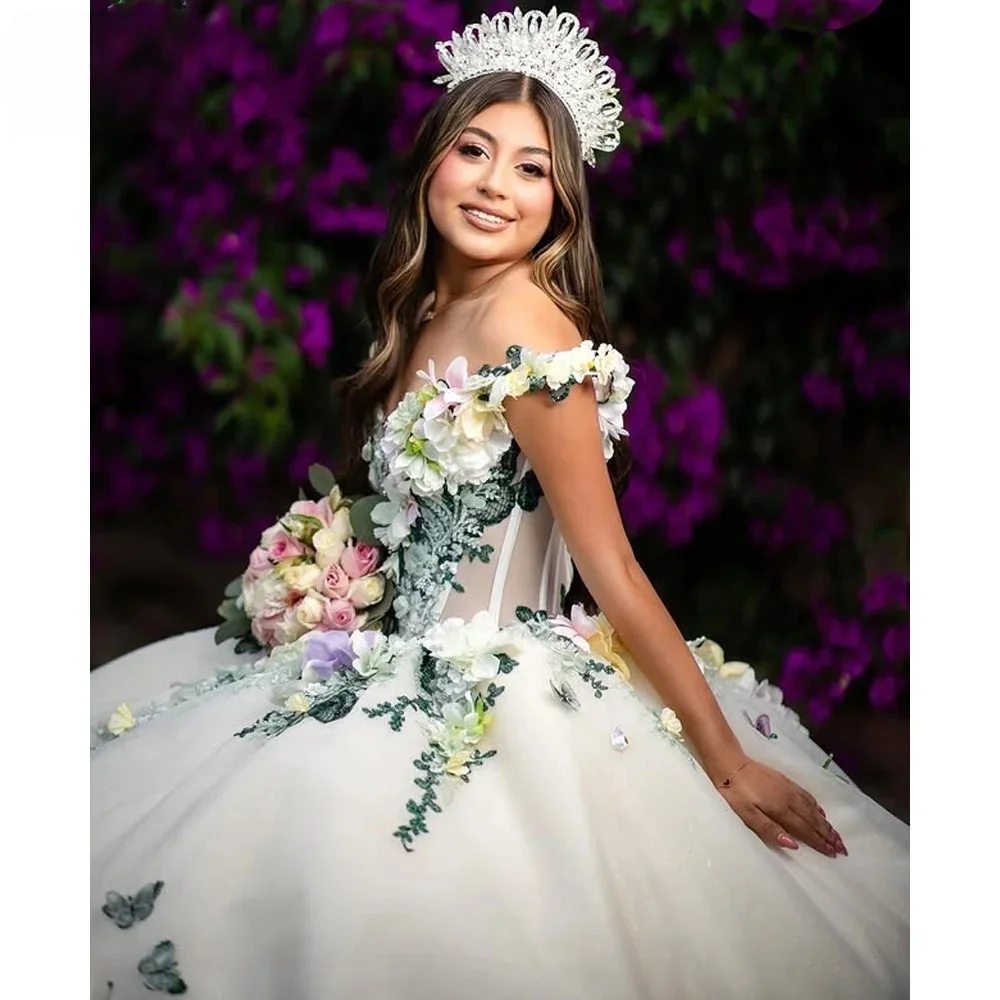 Floral Charro Quinceanera Dresses Ball Gown Off The Shoulder Appliques Ruffles Mexican Sweet 16 Dresses 15 Anos Customized