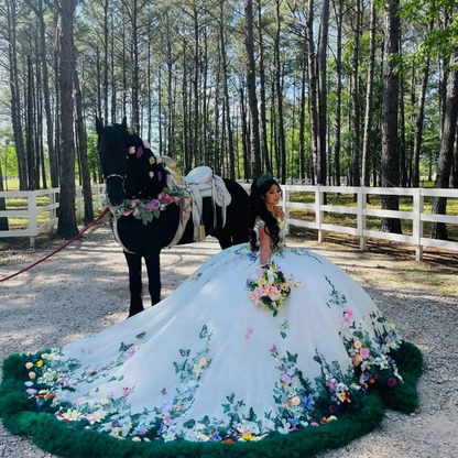 Floral Charro Quinceanera Dresses Ball Gown Off The Shoulder Appliques Ruffles Mexican Sweet 16 Dresses 15 Anos Customized