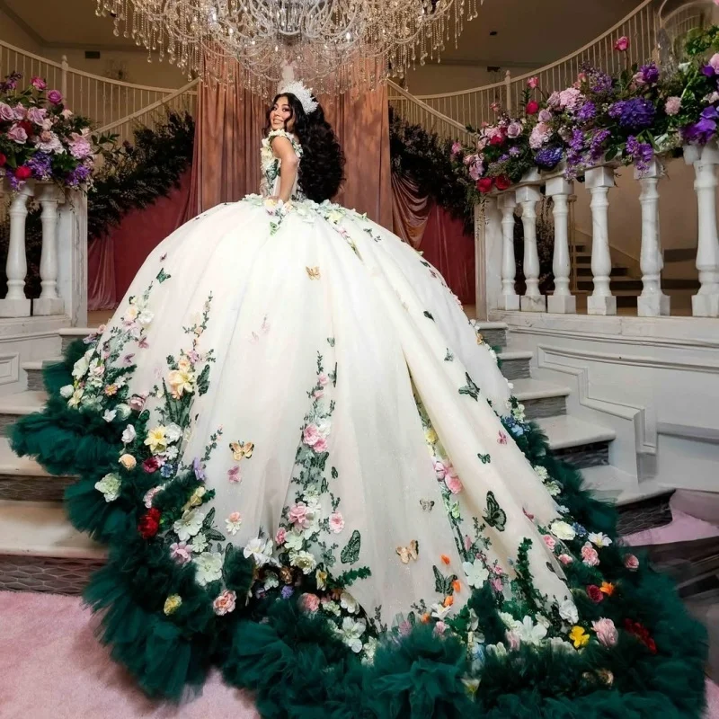 Floral Charro Quinceanera Dresses Ball Gown Off The Shoulder Appliques Ruffles Mexican Sweet 16 Dresses 15 Anos Customized