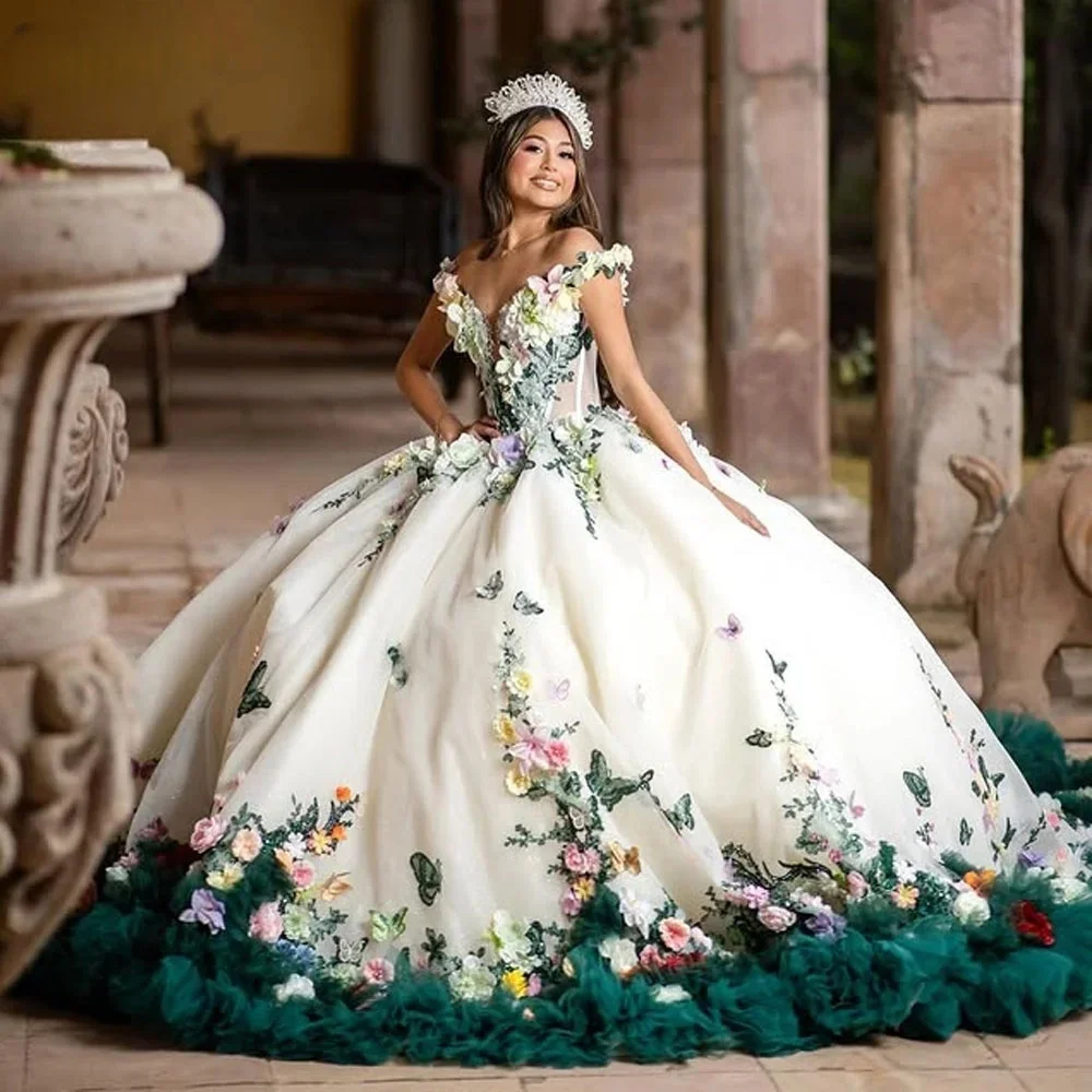 Floral Charro Quinceanera Dresses Ball Gown Off The Shoulder Appliques Ruffles Mexican Sweet 16 Dresses 15 Anos Customized