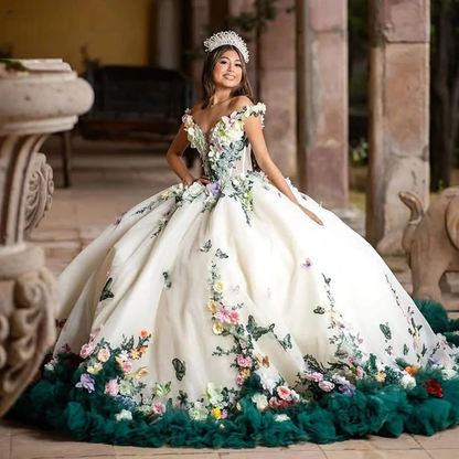 Floral Charro Quinceanera Dresses Ball Gown Off The Shoulder Appliques Ruffles Mexican Sweet 16 Dresses 15 Anos Customized