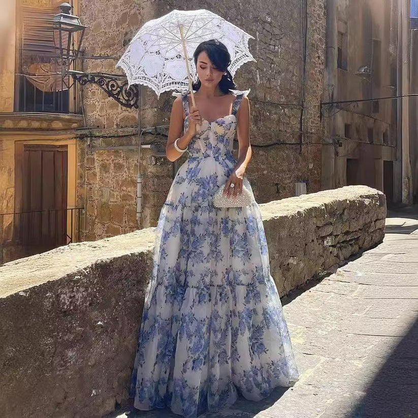 Flower Pattern Prom Dress Spaghetti Strap Princess Formal Occasion Dresses A-line Party Dress