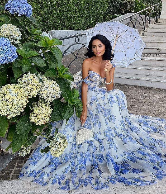 Flower Pattern Prom Dress Spaghetti Strap Princess Formal Occasion Dresses A-line Party Dress