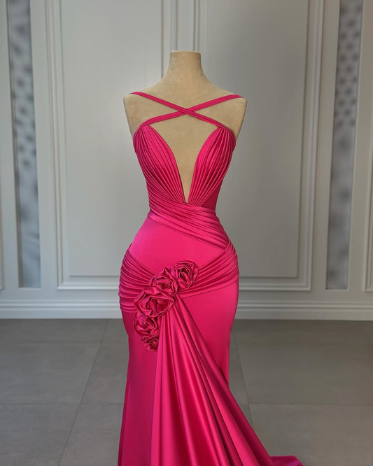 Fuchsia Halter Straps Deep V-Neck Pleated Mermaid Prom Dress With Flower