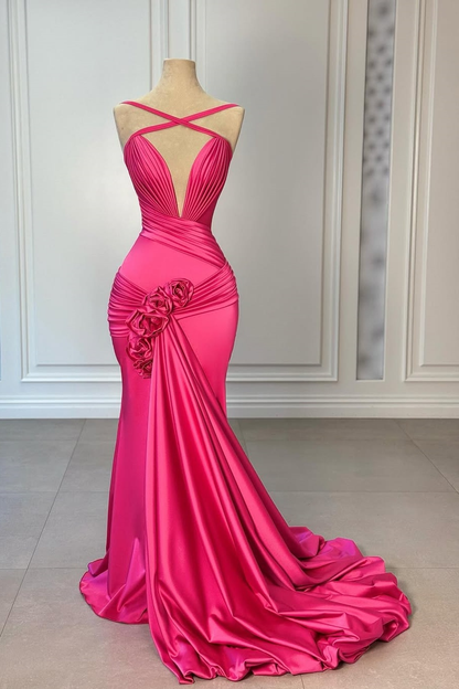 Fuchsia Halter Straps Deep V-Neck Pleated Mermaid Prom Dress With Flower