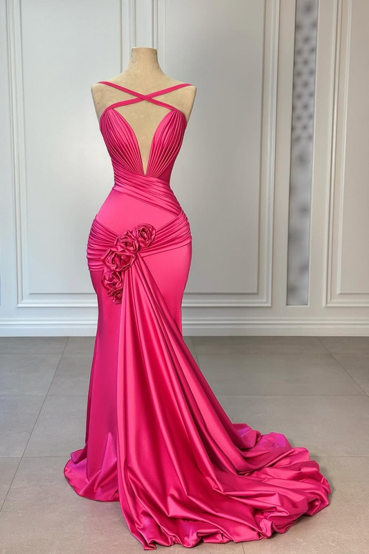 Fuchsia Halter Straps Deep V-Neck Pleated Mermaid Prom Dress With Flower