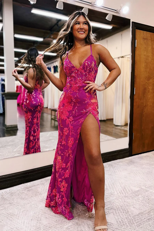 Fuchsia Sequins Lace V Neck Mermaid Long Prom Dress with Slit