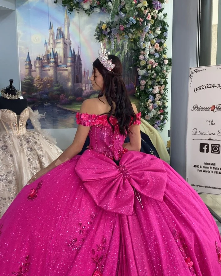 Fuchsia Sweet 16 Quinceanera Dresses Glittery Tulle 3D Flowers Party Dresses