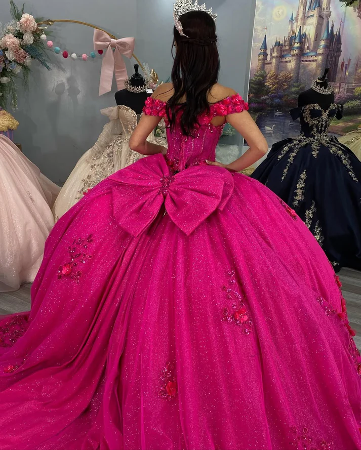 Fuchsia Sweet 16 Quinceanera Dresses Glittery Tulle 3D Flowers Party Dresses