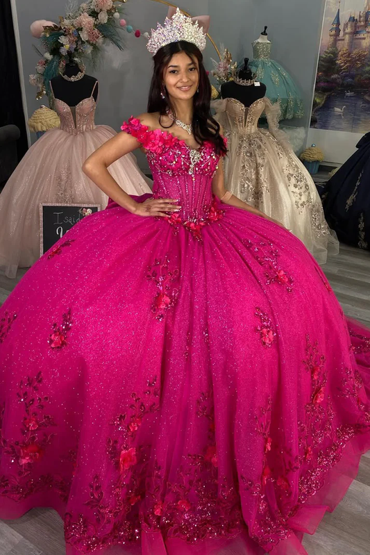 Fuchsia Sweet 16 Quinceanera Dresses Glittery Tulle 3D Flowers Party Dresses